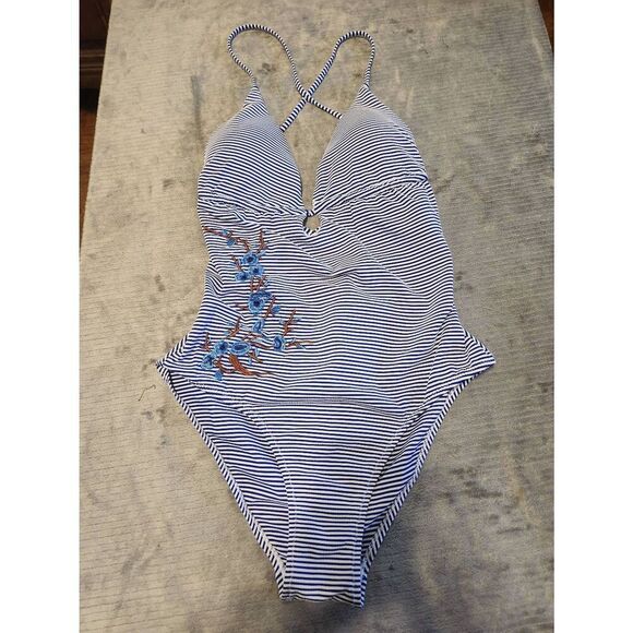 CUPSHE size M Blue White Stripe Racerback Tie Swimsuit - Picture 1 of 3
